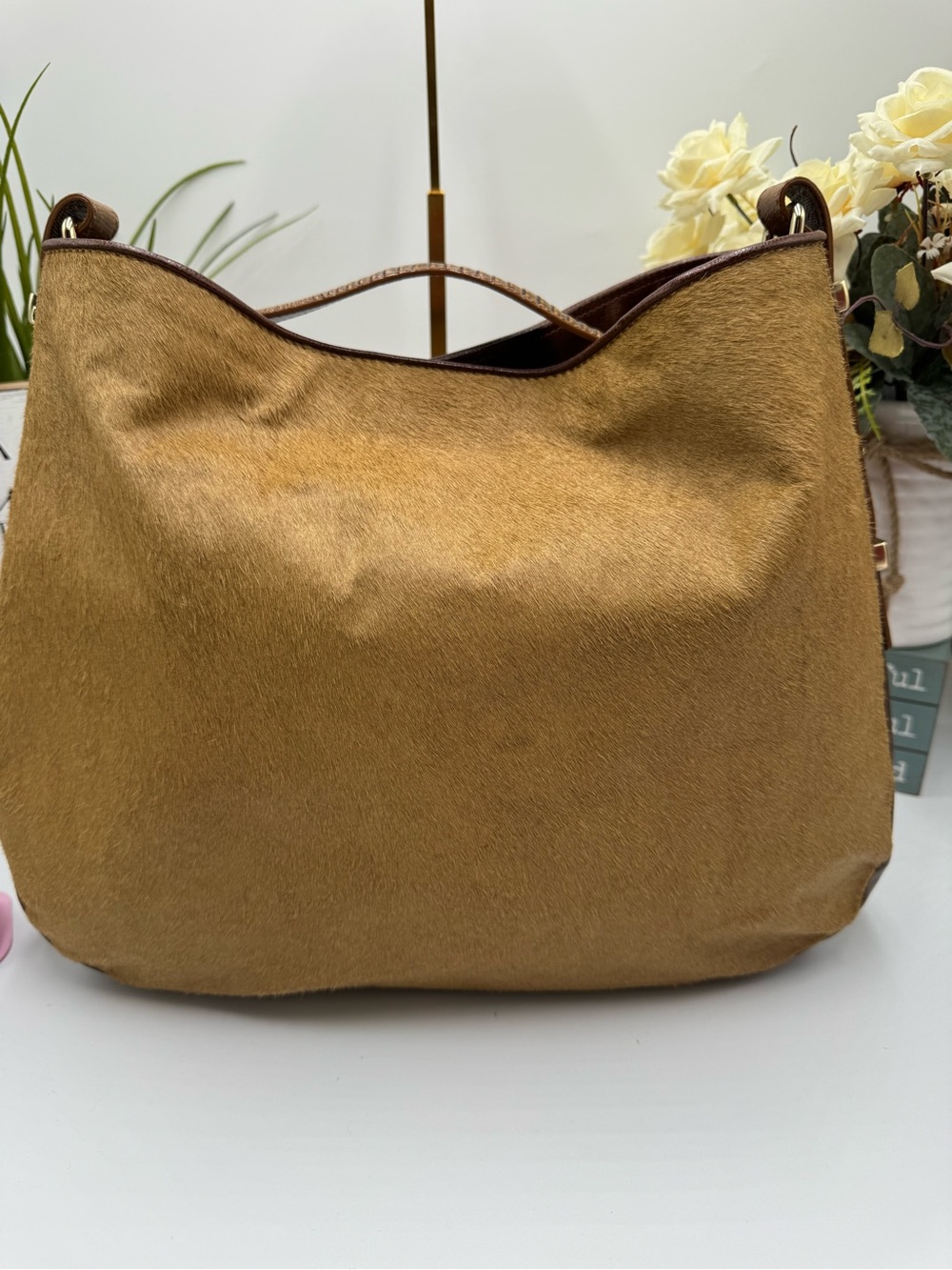 Antonio Melani Brown Genuine Leather & Calf Hair Hobo Shoulder Bag - Picture 2 of 10